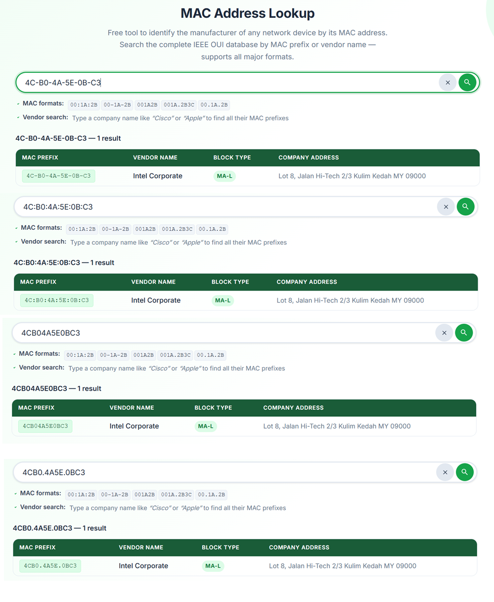 MAC address format comparison — colon, hyphen, plain hex, Cisco dot notation, dot-per-byte