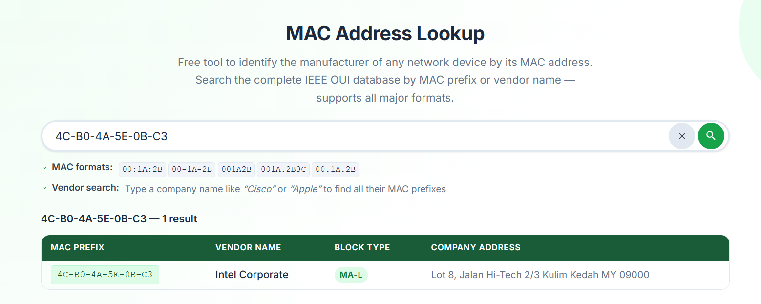 Searching by MAC address on macaddresslookups.com — enter a MAC address to find the vendor