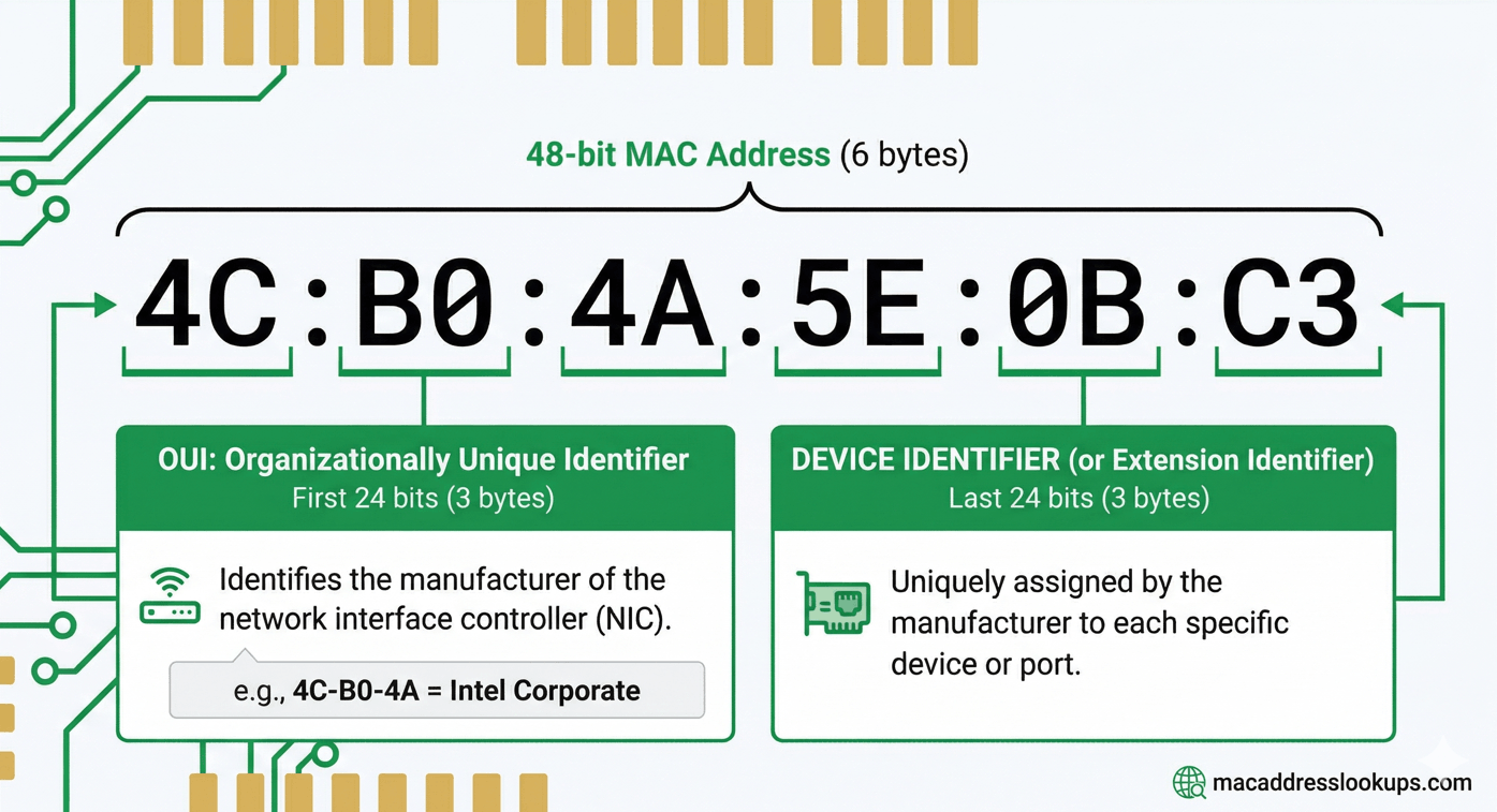 MAC address structure diagram showing OUI (first 3 bytes = vendor) and device-specific portion (last 3 bytes)