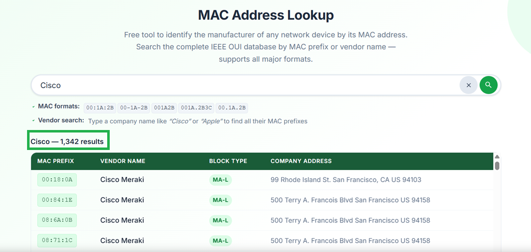 Searching by company name on macaddresslookups.com — type Cisco to find all Cisco MAC prefixes